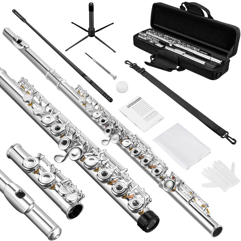 POGOLAB 16 Keys Open Hole C Flute, Flute Instrument for Beginner Advanced Player, Silver Plated, Student Flute with Case, Stand, Strap, Probe rod, Gloves, Adjustment Screwdriver, Cleaning Kit