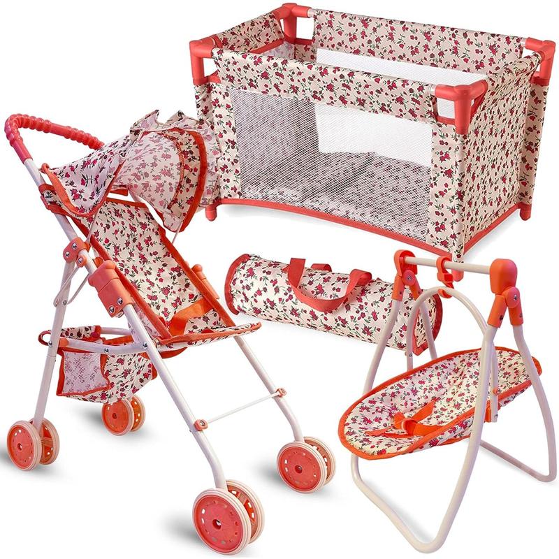 Baby Doll Accessories Set - 3-1 Baby Doll Furniture Set with Baby Doll Stroller, Baby Doll Crib, Baby Doll Swing - Baby Doll Bed Set for 18” Doll - Play Baby Doll Toys for 18