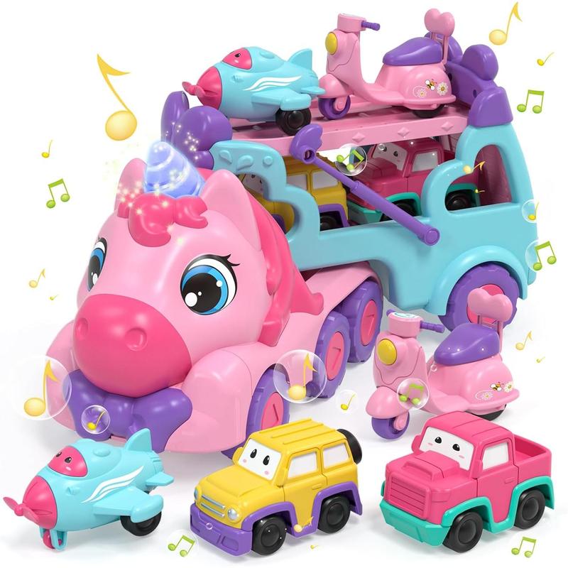 Toddler Girl Toys, 2 Year Old Girl Toys with Lights & Music, Toddler Toys 2-3, Unicorn Toys Girl Cars for Toddlers 1-3, Car Carrier Truck Toy, Gift for Girls