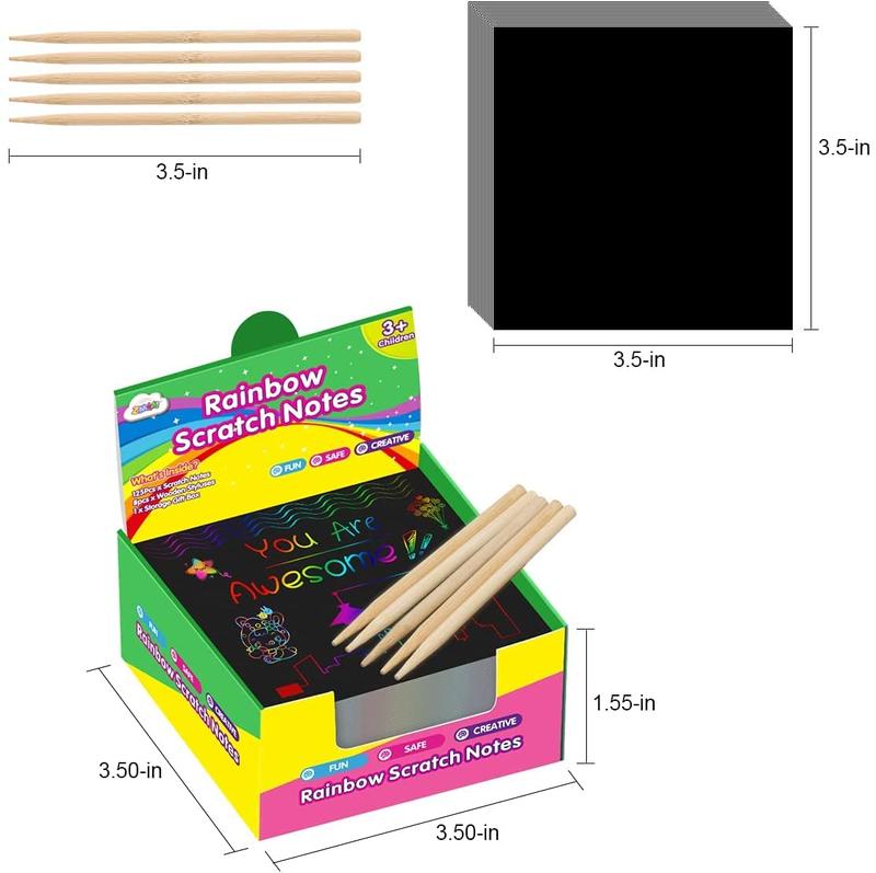 Rainbow Scratch Mini Art Notes - 125 Magic Scratch Paper Note Cards for Arts Crafts DIY Party Favor Supplies for Girls Boys Birthday Halloween Christmas Stocking Stuffer Gift Box