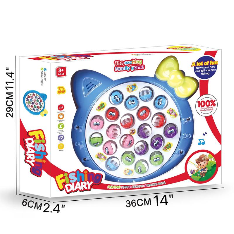 The fishing game set consists of fish and a fishing rod on a rotating board with a music switch to quietly play a board game for 1-4 players