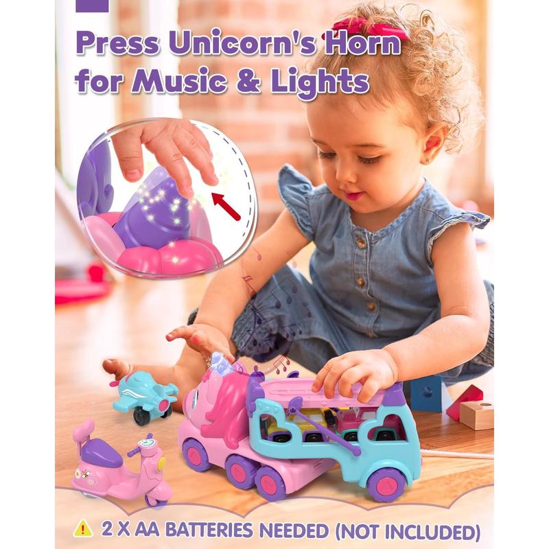 Toddler Girl Toys, 2 Year Old Girl Toys with Lights & Music, Toddler Toys 2-3, Unicorn Toys Girl Cars for Toddlers 1-3, Car Carrier Truck Toy, Gift for Girls