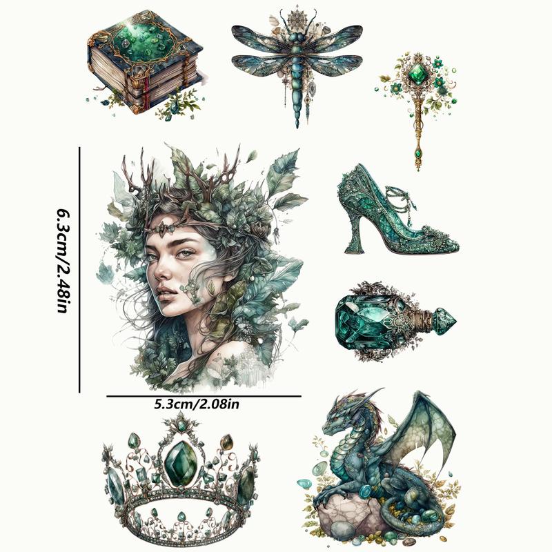 Vintage Emerald City Pattern Sticker (72pcs 9 Sheets), Butterfly & Dragon & Forest & Crown Pattern Sticker, DIY Self-adhesive Decorative Sticker for Scrapbooking Water Bottle & Phone Case & Guitar