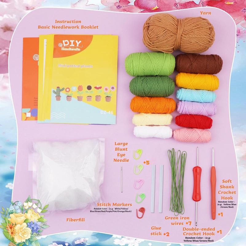 Crochet Kit for Beginners, 6 Counts set Cute Flowers Crochet Starter Kit with Step-by-Step Instructions and Video Tutorial, DIY Knitting Supplies for Home Decoration