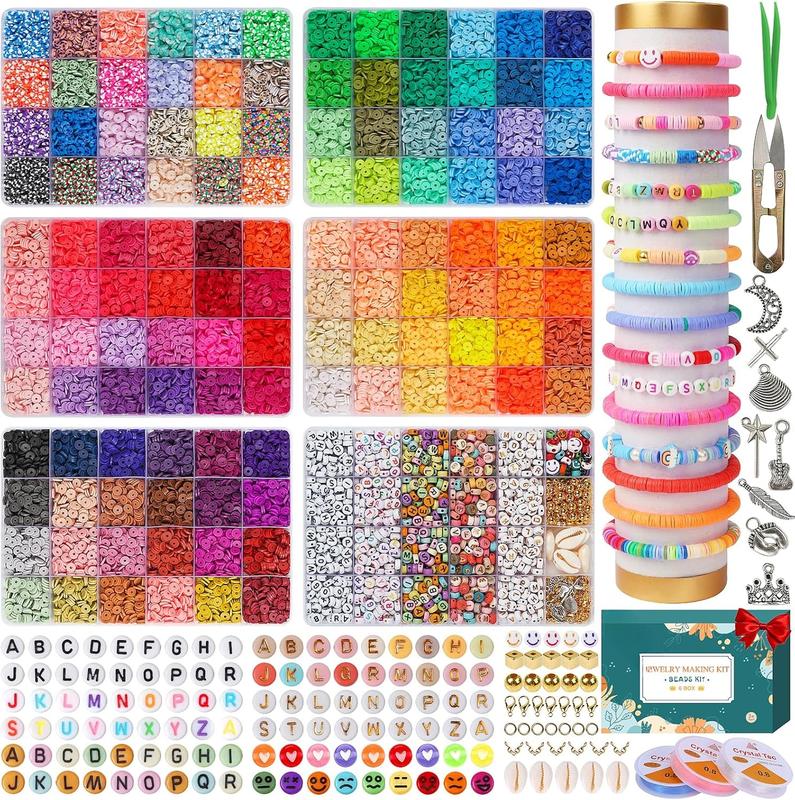 23000 count Clay Beads Bracelet Making Kit, 6Boxes 125Colors Friendship Polymer Beads and 5 Styles Letter Beads with  Making Accessories and 3 Rolls Crystal Cord for Crafts Christmas Gifts