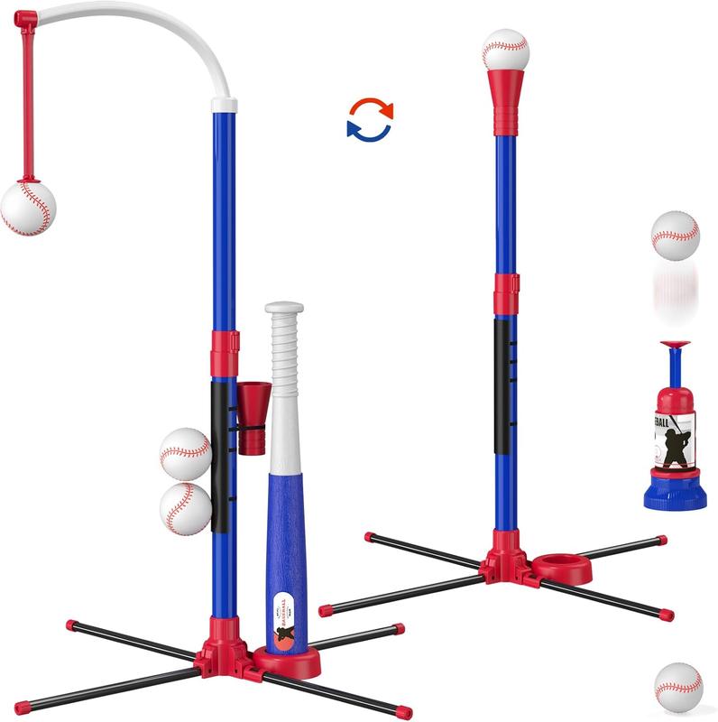 3-in-1 Baseball Set for Kids 3-5 - Tee Ball Stand, Hanging Tee, Ball Launcher and 6 Softballs - Adjustable Height, Indoor Outdoor Sport Gifts for Boys, Blue