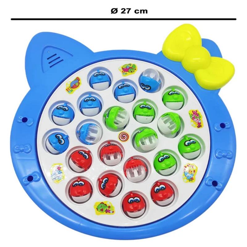 The fishing game set consists of fish and a fishing rod on a rotating board with a music switch to quietly play a board game for 1-4 players