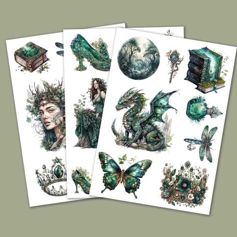 Vintage Emerald City Pattern Sticker (72pcs 9 Sheets), Butterfly & Dragon & Forest & Crown Pattern Sticker, DIY Self-adhesive Decorative Sticker for Scrapbooking Water Bottle & Phone Case & Guitar