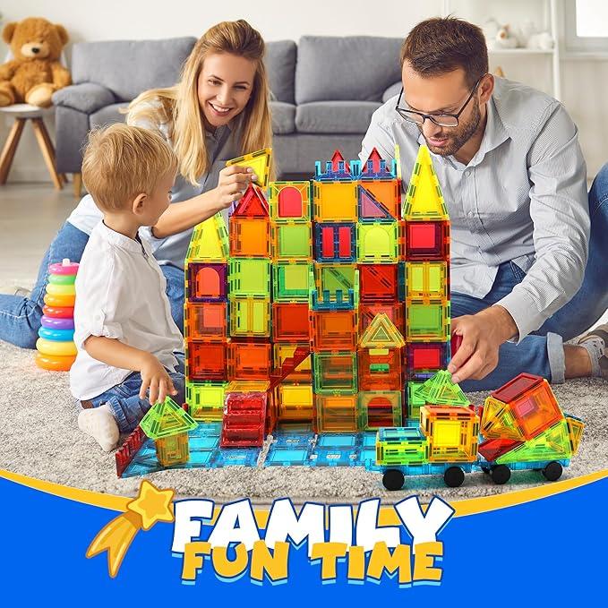 131PCS Wise Block Magnetic Blocks with 2 Cars, Magnetic Tiles, Learning Magnetic Building Blocks Sets, Educational Magnets Tiles Toys for Boys Girls.