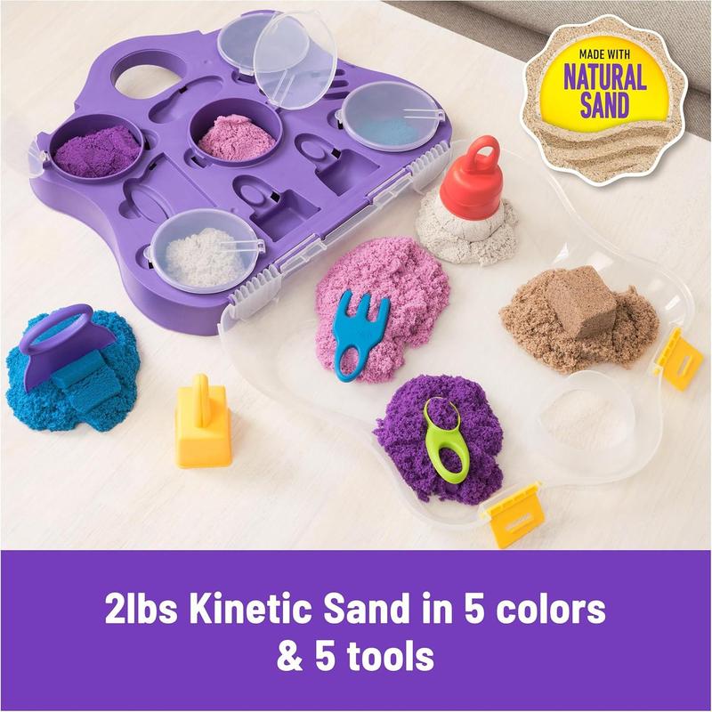 Kinetic Sand, Variety Case with Beach, Neon & Shimmer Play Sand (2lbs) & 5 Tools, Storage, Sensory Toys for Kids, Back to School Classroom Must Haves