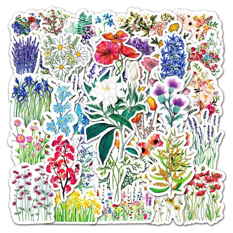 50pcs set Cartoon Flower Series Sticker, Mixed Pattern Decorative Graffiti Stickers, Decoration Paper Materials For DIY Craft