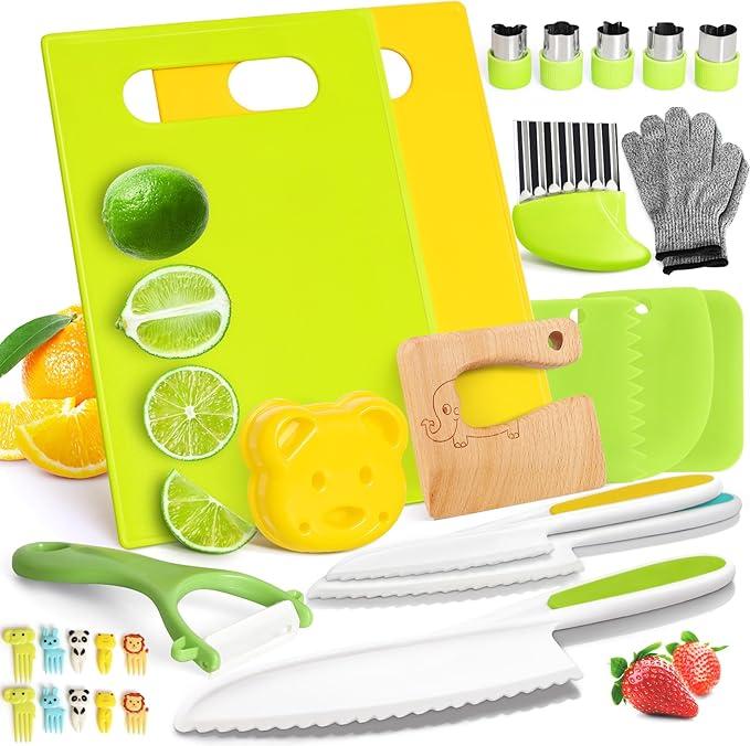 28Counts Kids Kitchen Toys - Kids Cooking Set - Real Kids Cook, For Real Cooking With Plastic Child Safe Knives, Crepe Knives, Kids Cutting Boards, Christmas Gifts For Kids