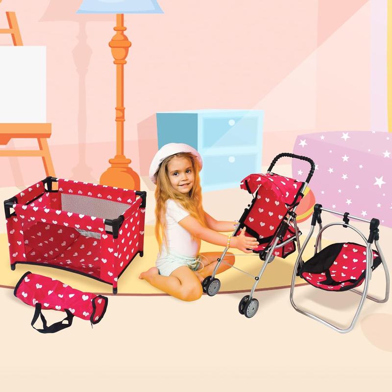 Baby Doll Accessories Set - 3-1 Baby Doll Furniture Set with Baby Doll Stroller, Baby Doll Crib, Baby Doll Swing - Baby Doll Bed Set for 18” Doll - Play Baby Doll Toys for 18