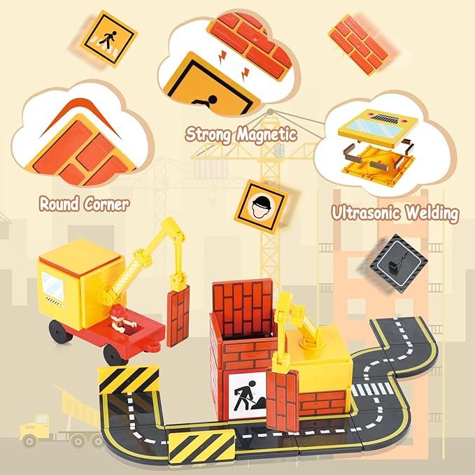 Magnetic Tiles Road Set with 2 Magnet Crane Car Toys,for Ages 3-10 Building Toys Includes Crane, Road Tracks,Dolls, Car Toy, Traffic Lights