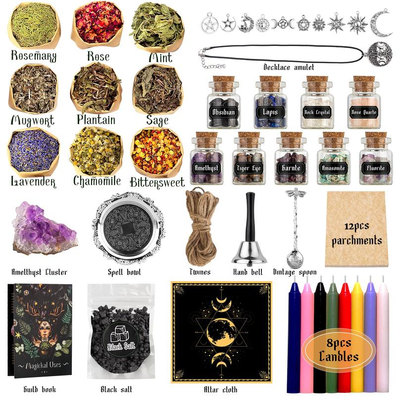 Witchcraft Supplies Kit for Spells, 56 PCS Witch Box Include Dried Herb Crystal Candles Amethyst Cluster Parchment, Wiccan Supplies and Tools, Beginner Witchcraft Kit Witch Stuff for Pagan Rituals