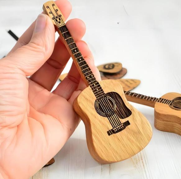 Wooden Guitar Pick Box with Stand,3PCS Unique Guitar Picks,Guitar Pick Holder Box,Musician Engraved Wooden Plectrum Case,Acoustic Guitar Box for Electric Bass Guitar Ukulele Lover