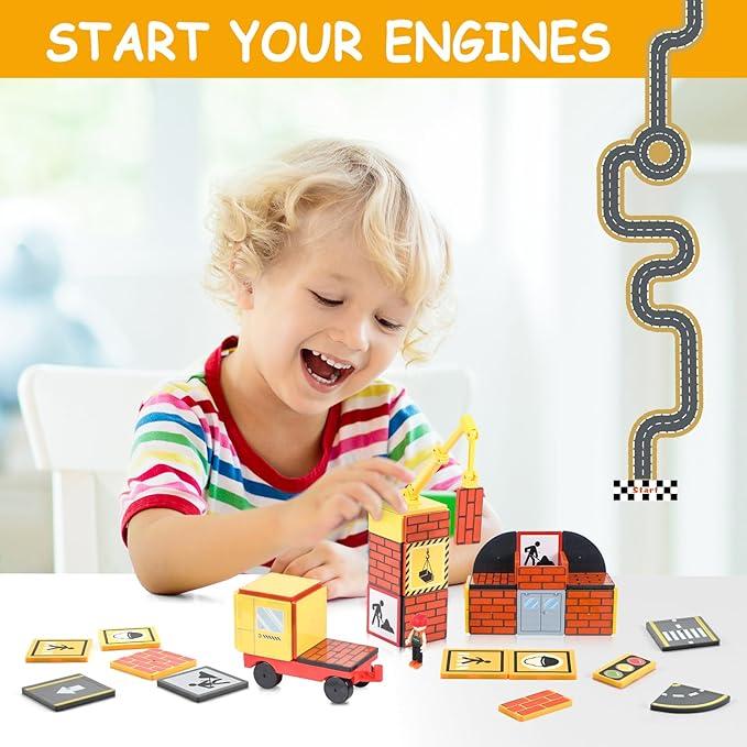 Magnetic Tiles Road Set with 2 Magnet Crane Car Toys,for Ages 3-10 Building Toys Includes Crane, Road Tracks,Dolls, Car Toy, Traffic Lights