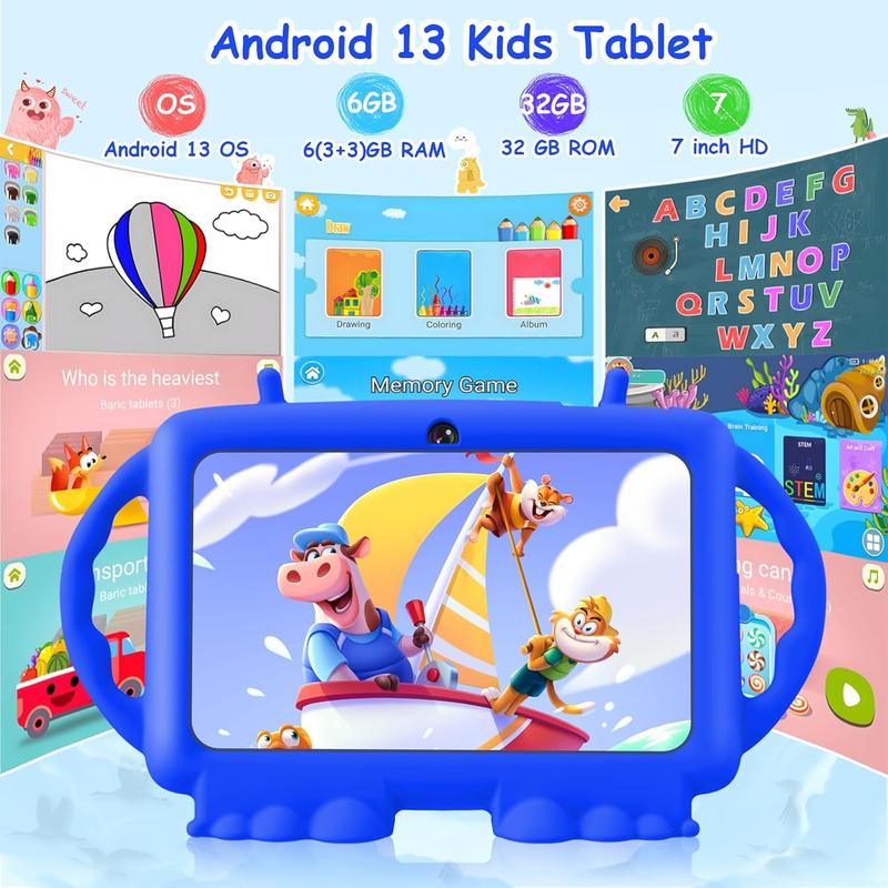 Kids Tablet, 7 inch Android 13 Tablet for Kids, 6GB RAM 32GB ROM Toddler Tablet with Shockproof Case, GMS, Parental Control, WiFi, Bluetooth, Dual Camera, Kids App Pre-Installed (Dark Blue)