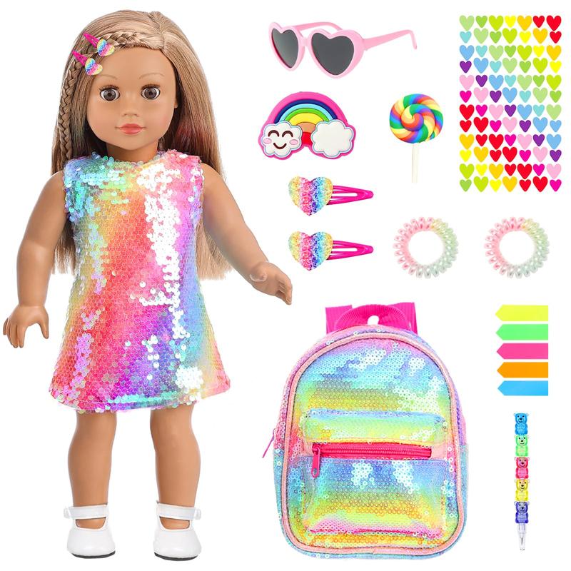 14 Pieces United States 18 Inch Girl Doll Accessories School Supplies Set - Doll Backpack School Supplies Sunglasses and Other Doll Accessories Things