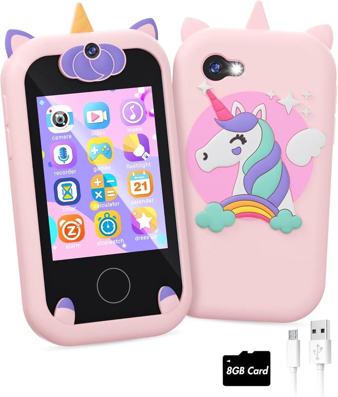 Kids Smart Phone for Girls Unicorns Gifts for Girls Toys 8-10 Years Old Phone Touchscreen Learning Toy Christmas Birthday Gifts for 3 4 5 6 7 8 9 Year Old Girls with 8G Memory Card