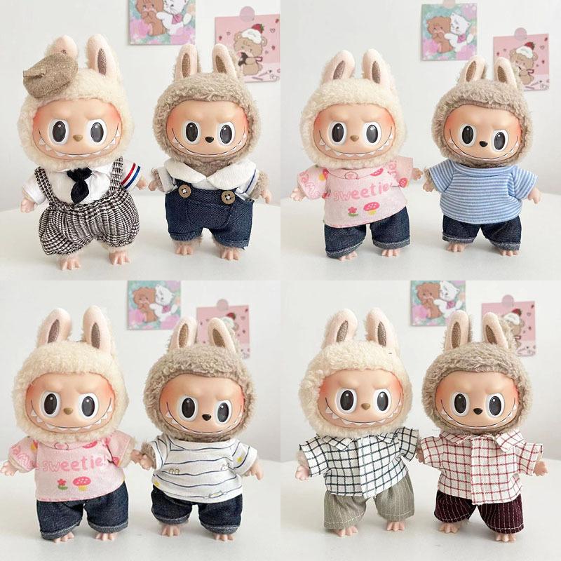 15cm Labubu Casual Checkered Suspender Pants Set with Macaron Charm Figurine - Trendy Outfit for Fashion Lovers!