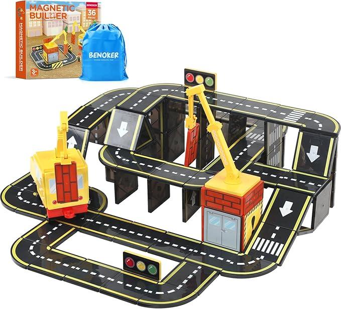 Magnetic Tiles Road Set with 2 Magnet Crane Car Toys,for Ages 3-10 Building Toys Includes Crane, Road Tracks,Dolls, Car Toy, Traffic Lights