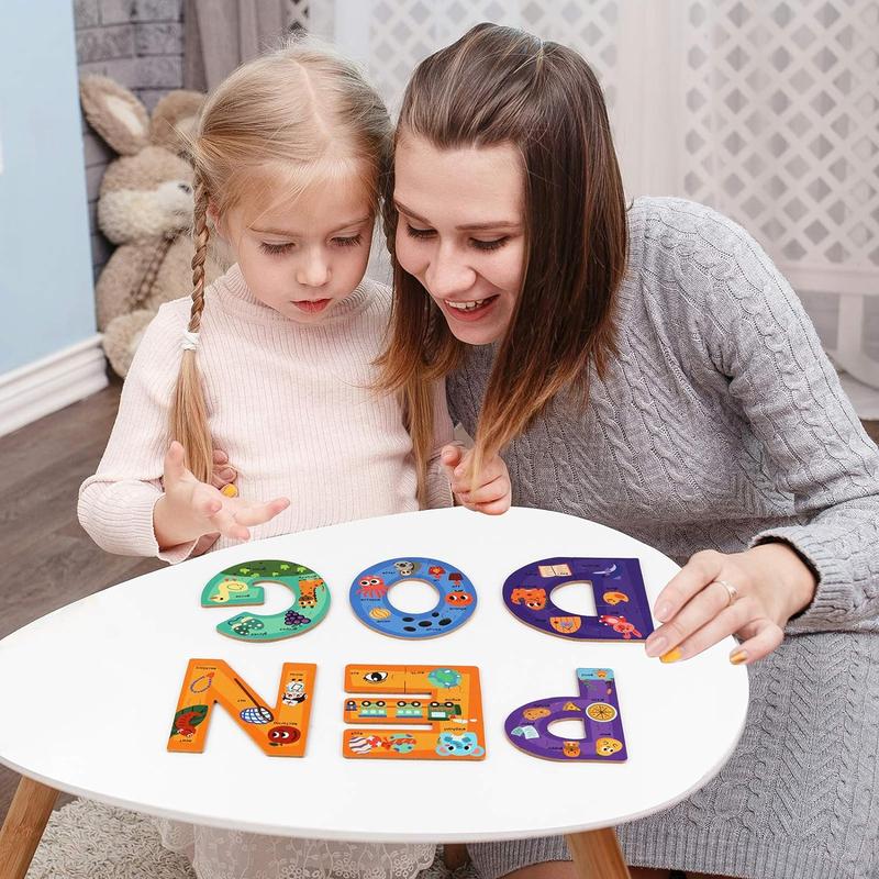 SYNARRY Wooden Alphabet Puzzles for Kids Ages 4-8, ABC Learning for Children Ages 4+, Sight Words Letter Puzzles Montessori Toys Educational STEM for Preschool Boys Girls Kids Gifts