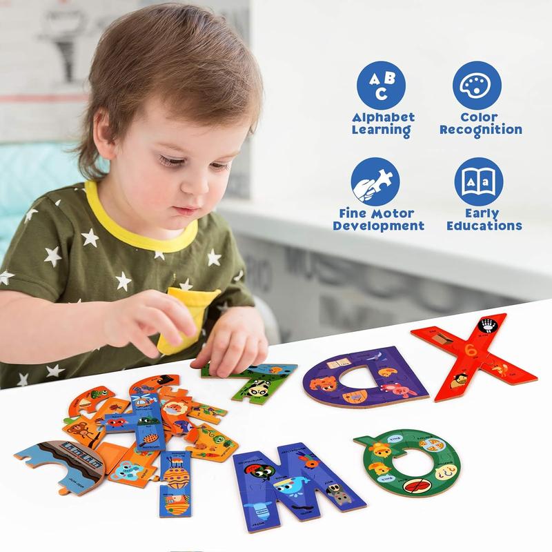 SYNARRY Wooden Alphabet Puzzles for Kids Ages 4-8, ABC Learning for Children Ages 4+, Sight Words Letter Puzzles Montessori Toys Educational STEM for Preschool Boys Girls Kids Gifts