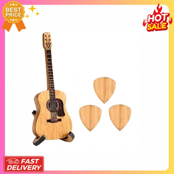 Wooden Guitar Pick Box with Stand,3PCS Unique Guitar Picks,Guitar Pick Holder Box,Musician Engraved Wooden Plectrum Case,Acoustic Guitar Box for Electric Bass Guitar Ukulele Lover