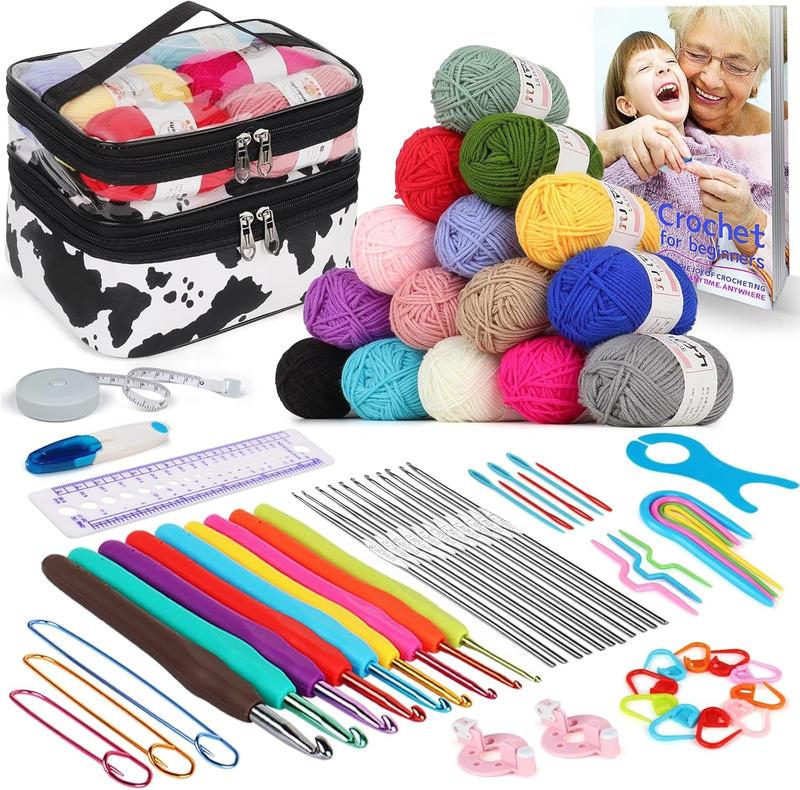 Crochet Starter Kit with Yarn, 74 count Crocheting Set with Everything includes 819 Yards Acrylic Yarn Crochet Hooks Booklet Must Haves Accessories and Cow PU Leather Storage Bag for Beginners