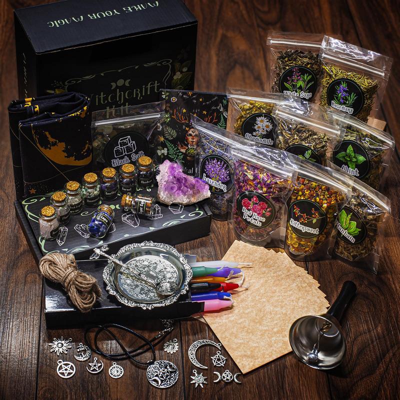 Witchcraft Supplies Kit for Spells, 56 PCS Witch Box Include Dried Herb Crystal Candles Amethyst Cluster Parchment, Wiccan Supplies and Tools, Beginner Witchcraft Kit Witch Stuff for Pagan Rituals