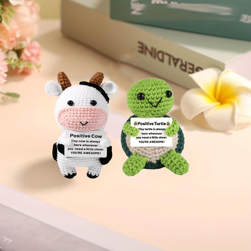 Cute Crochet Turtle & Cow, 2 Counts Mini Knitted Turtle & Cow, Positive Crochet Animals, Emotional Support Doll, Crochet Turtle for Gift