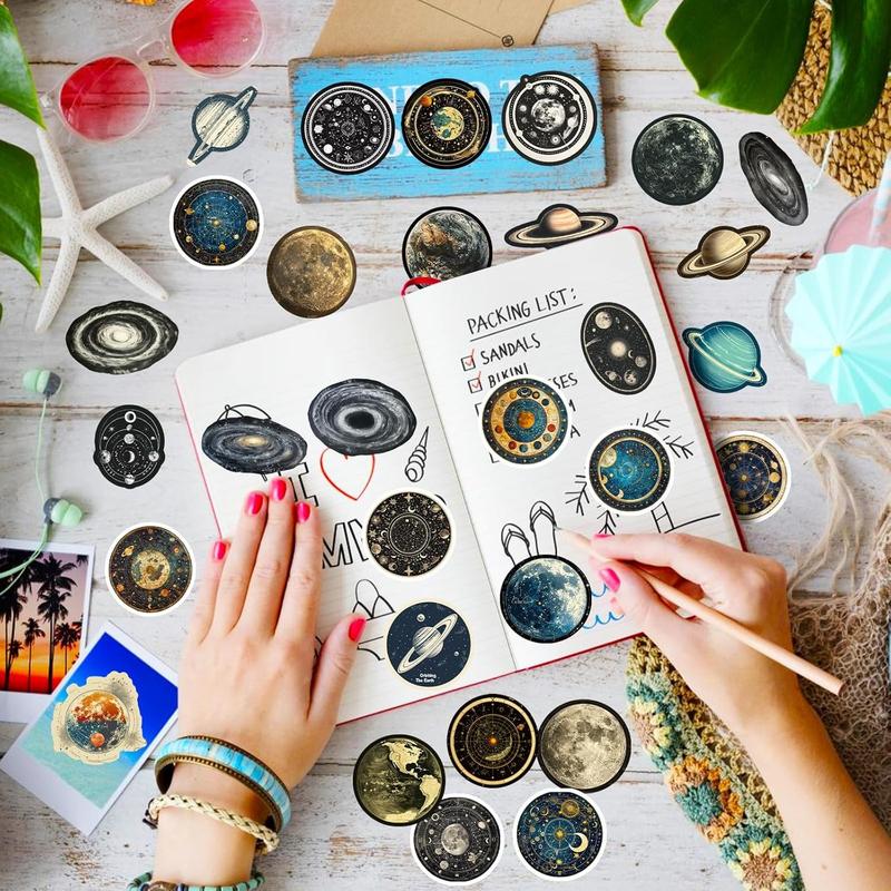 50Pcs Celestial Stickers Pack, Planet Moon Space Astronomy Sticker for Scrapbook Junk Journal Supplies Planner Laptop Luggage Home Decor, Waterproof Cosmic Galaxy Stickers for Students and Adults