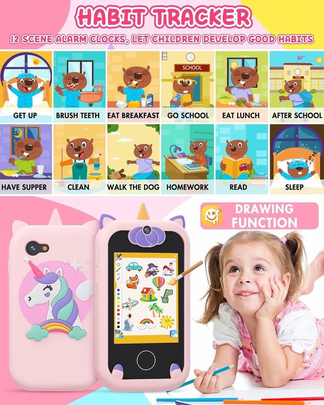 Kids Smart Phone for Girls Unicorns Gifts for Girls Toys 8-10 Years Old Phone Touchscreen Learning Toy Christmas Birthday Gifts for 3 4 5 6 7 8 9 Year Old Girls with 8G Memory Card