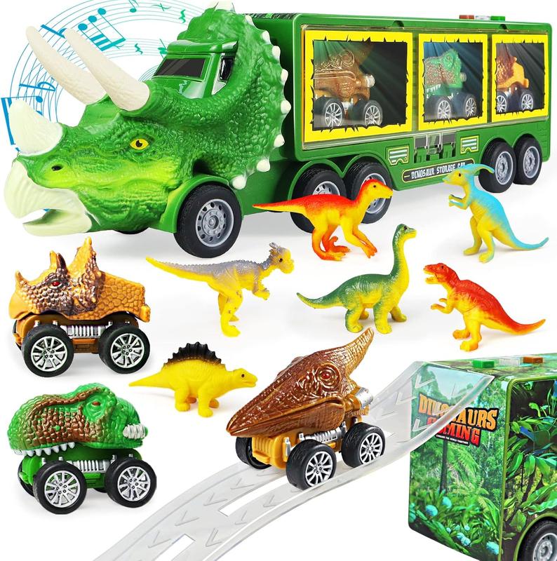 Dinosaur Toys for Kids 3-5-7, 11 in 1 Dinosaur Truck with Light, Music & Roar Sound, Dino Toddler Toys Including Toy Truck, Dinosaur Cars, Mini Dinosaur Figures & Slide, Toys for 3 4 5 6 Year Old Boys