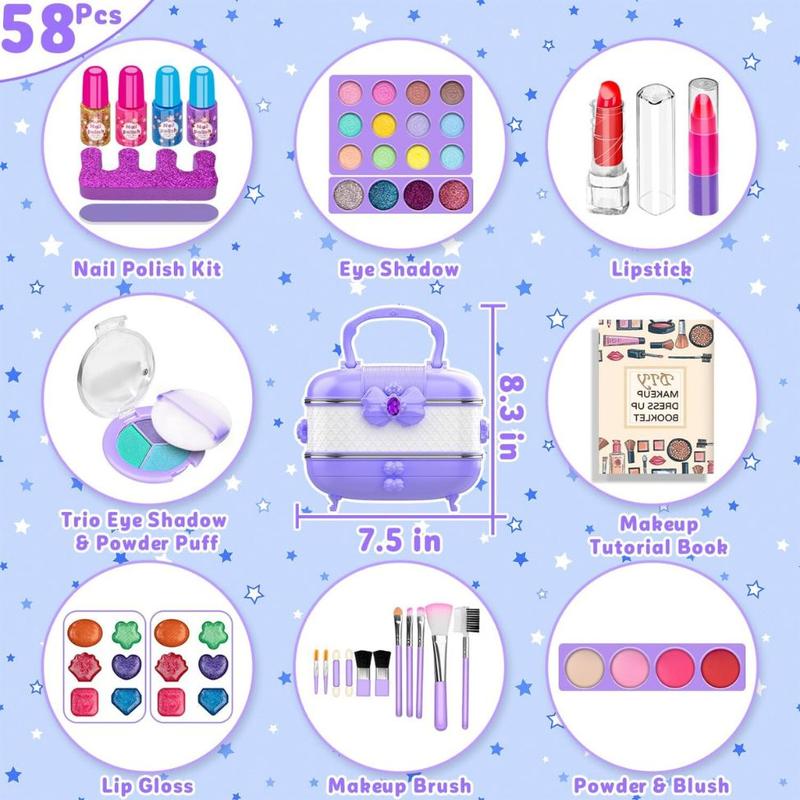 58 Pcs Kids Makeup Kit for Girl, Princess Toys Real Washable Cosmetic Set , Kids Makeup Sets for Girls, Play Make Up Christmas Gifts