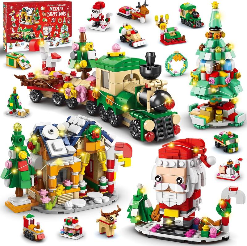 Advent Calendar 2024 Christmas Building Blocks, 24 Days Holiday Building Bricks Set with LED Lights Santa Tree Train House Xmas Party Favors Countdown Calendar