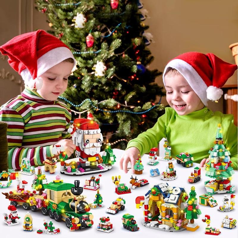 Advent Calendar 2024 Christmas Building Blocks, 24 Days Holiday Building Bricks Set with LED Lights Santa Tree Train House Xmas Party Favors Countdown Calendar