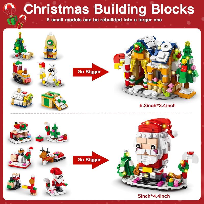 Advent Calendar 2024 Christmas Building Blocks, 24 Days Holiday Building Bricks Set with LED Lights Santa Tree Train House Xmas Party Favors Countdown Calendar