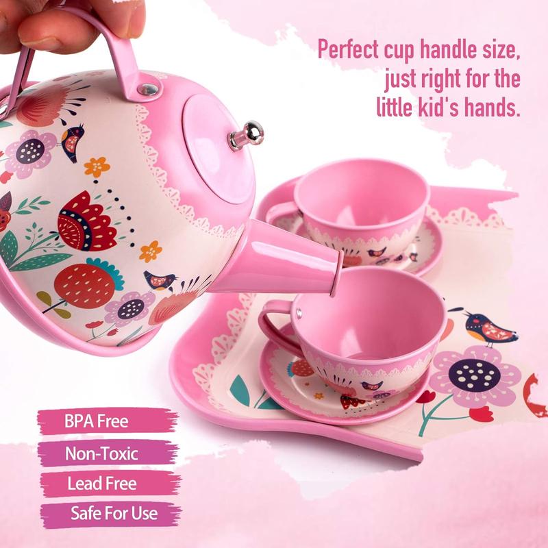 D-FantiX Kids Tea Set for Little Girls, 15Pcs Pink Tin Tea Party Set for Toddlers Afternoon Tea Time Playset with Teapots Tea Cups Play Dishes Princess Toys Gifts with Carry Case