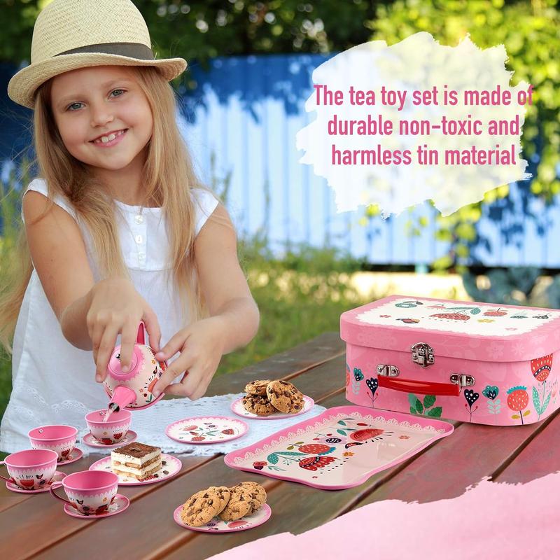 D-FantiX Kids Tea Set for Little Girls, 15Pcs Pink Tin Tea Party Set for Toddlers Afternoon Tea Time Playset with Teapots Tea Cups Play Dishes Princess Toys Gifts with Carry Case