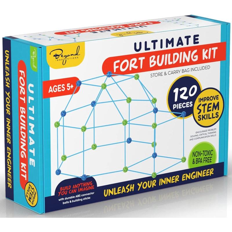 Fort Building Kit for Kids, STEM Building Toys, Educational Gift for Boys and Girls, Ultimate Creative Set for Indoor & Outdoors Activity, 120 Piece Set (Blue & Green) Carry Bag Included