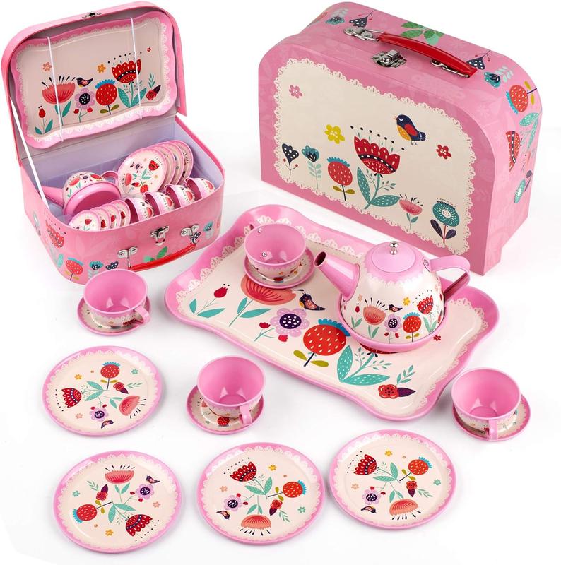 D-FantiX Kids Tea Set for Little Girls, 15Pcs Pink Tin Tea Party Set for Toddlers Afternoon Tea Time Playset with Teapots Tea Cups Play Dishes Princess Toys Gifts with Carry Case