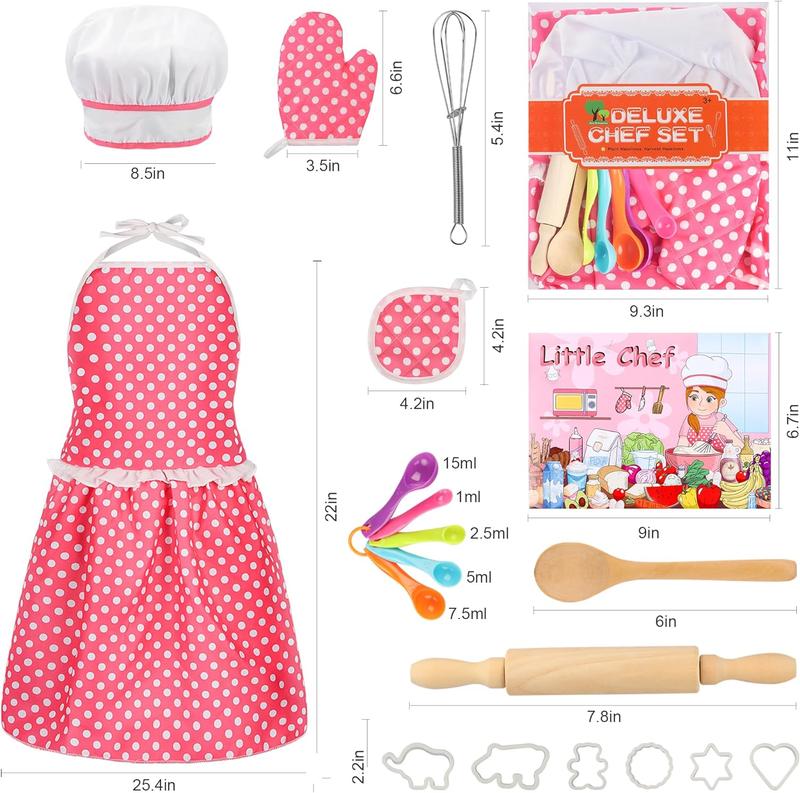 Christmas gift Kids Cooking Baking Set 19Pcs, Kids Chef Role Play Costume Set - Chef Hat and Matching Pink Apron Children Dress up Pretend Gift for 3 4 5 6 7 8 Year Old Girls Toys