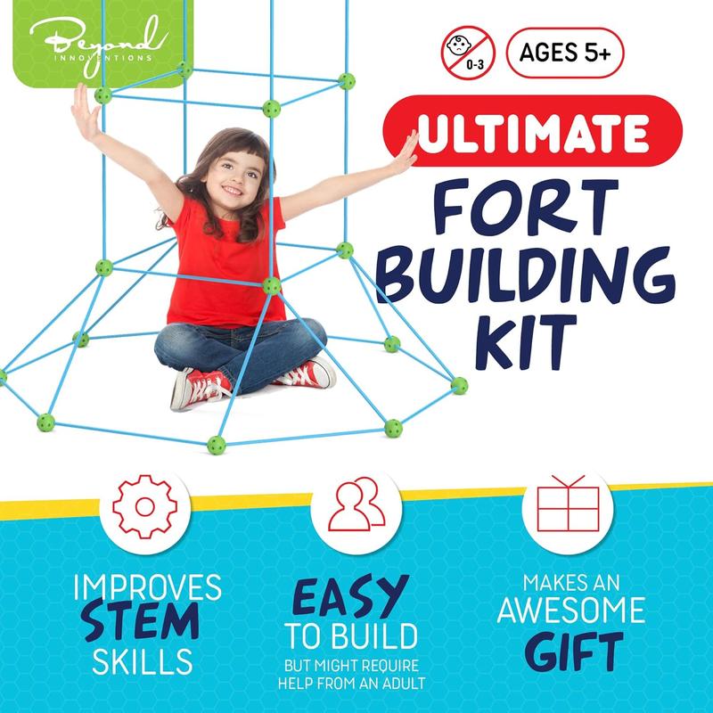 Fort Building Kit for Kids, STEM Building Toys, Educational Gift for Boys and Girls, Ultimate Creative Set for Indoor & Outdoors Activity, 120 Piece Set (Blue & Green) Carry Bag Included