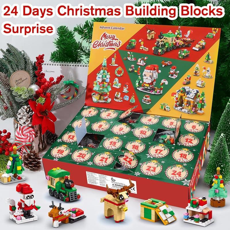 Advent Calendar 2024 Christmas Building Blocks, 24 Days Holiday Building Bricks Set with LED Lights Santa Tree Train House Xmas Party Favors Countdown Calendar