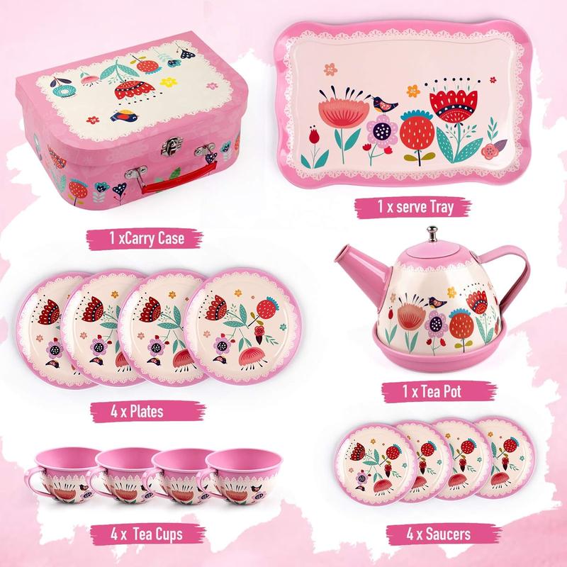 D-FantiX Kids Tea Set for Little Girls, 15Pcs Pink Tin Tea Party Set for Toddlers Afternoon Tea Time Playset with Teapots Tea Cups Play Dishes Princess Toys Gifts with Carry Case